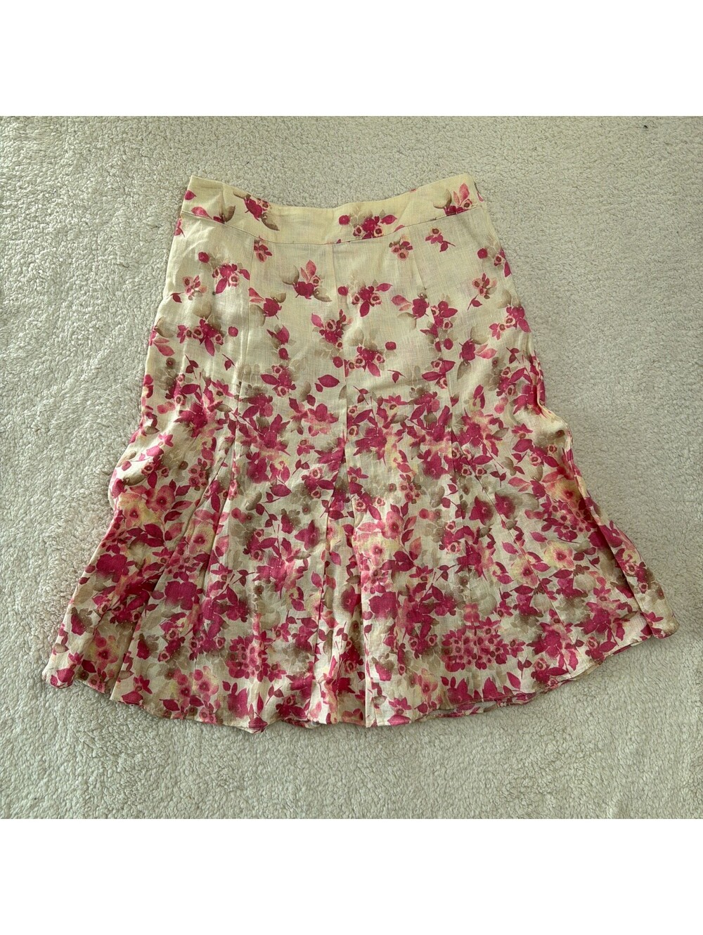 JM Collection Women's 100% Linen Pleated Floral Skirt Size 12 Pink Cream Beige